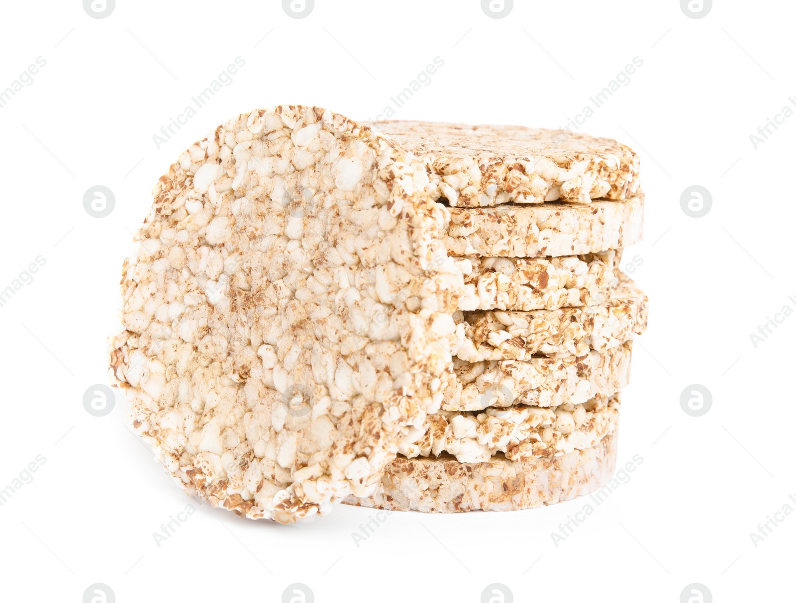 Photo of Stack of crunchy buckwheat cakes on white background