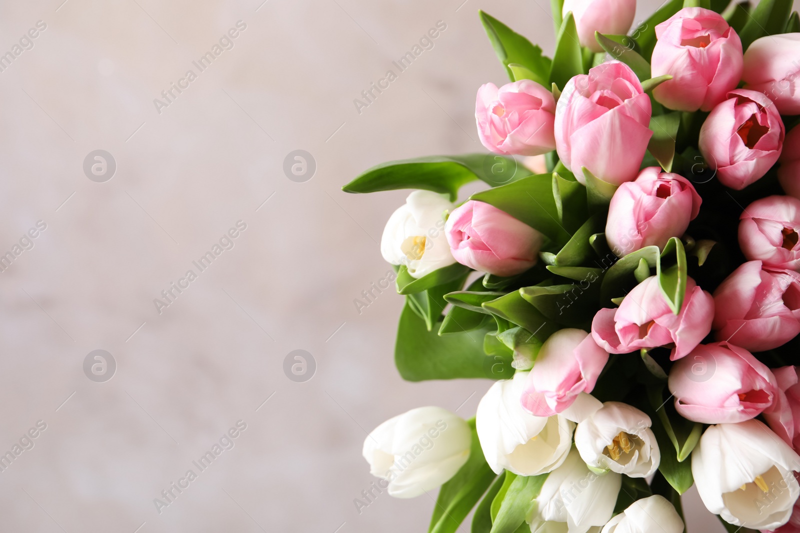 Photo of Beautiful bouquet of tulips against beige background. Space for text