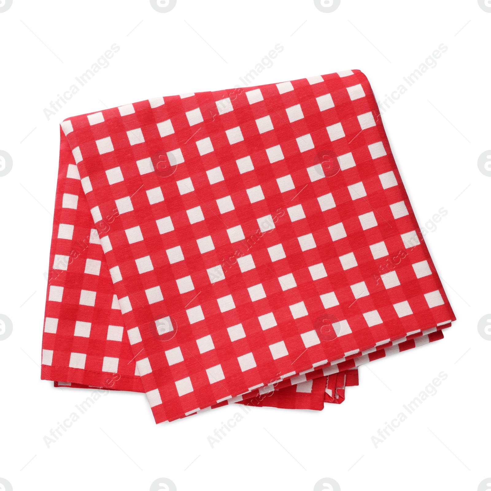 Photo of Red checkered tablecloth on white background, top view