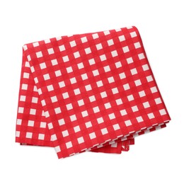 Photo of Red checkered tablecloth on white background, top view