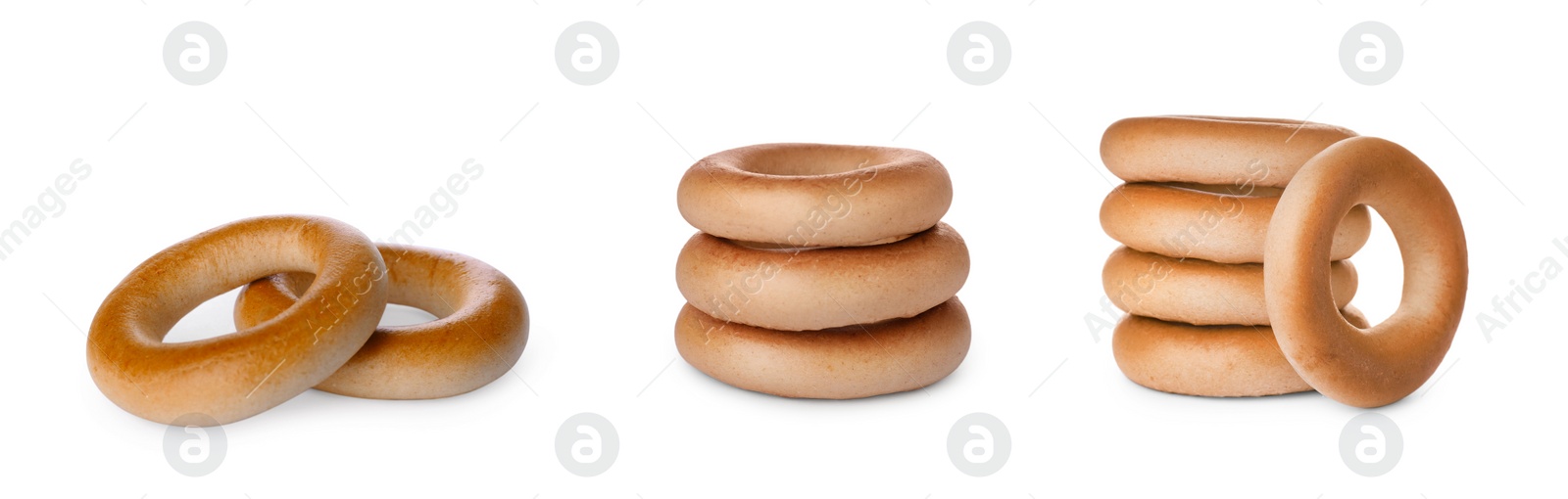 Image of Collage with delicious ring shaped Sushki (dry bagels) on white background. Banner design