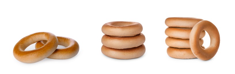 Image of Collage with delicious ring shaped Sushki (dry bagels) on white background. Banner design