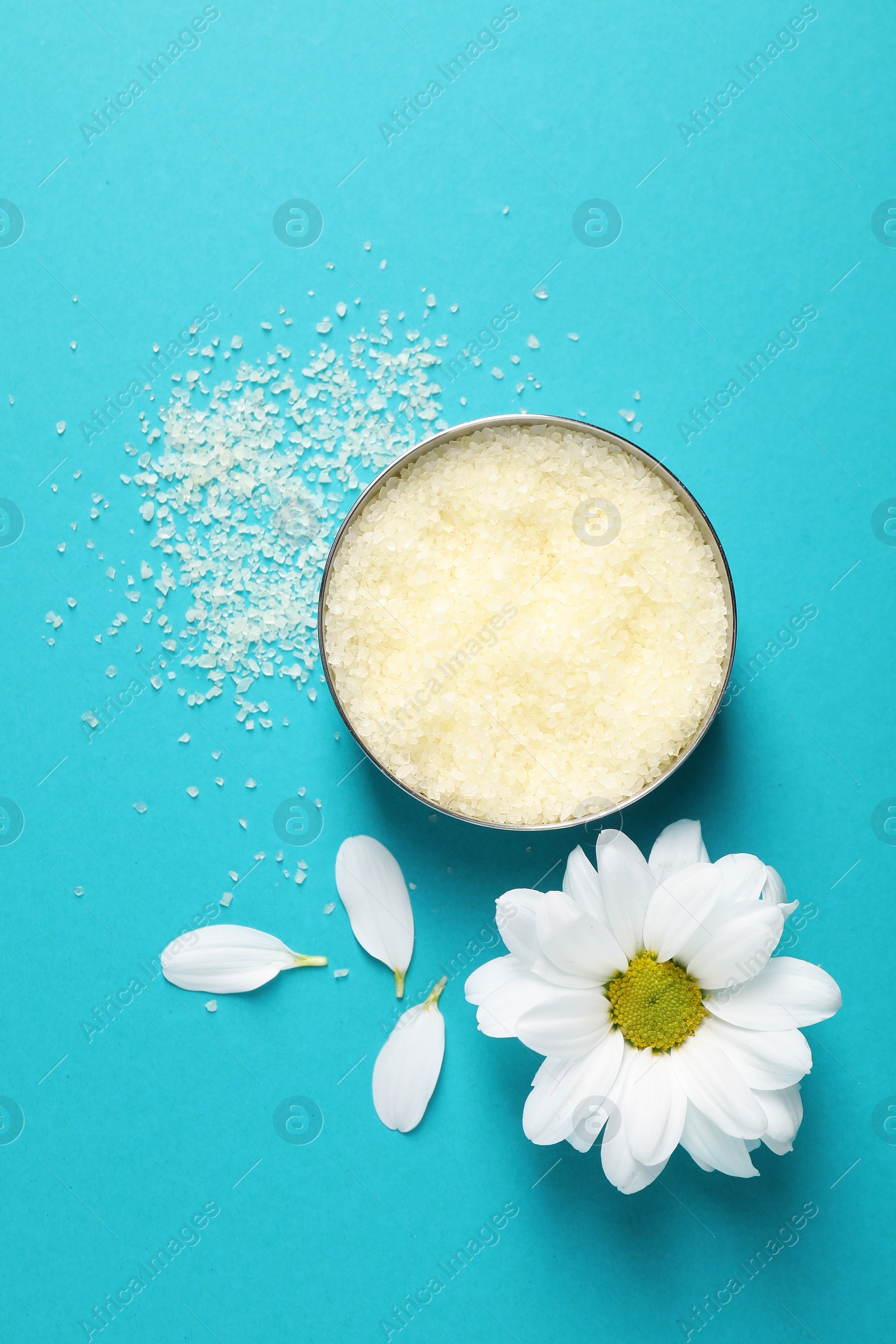 Photo of Natural sea salt in bowl, chamomile and petals on light blue background, flat lay