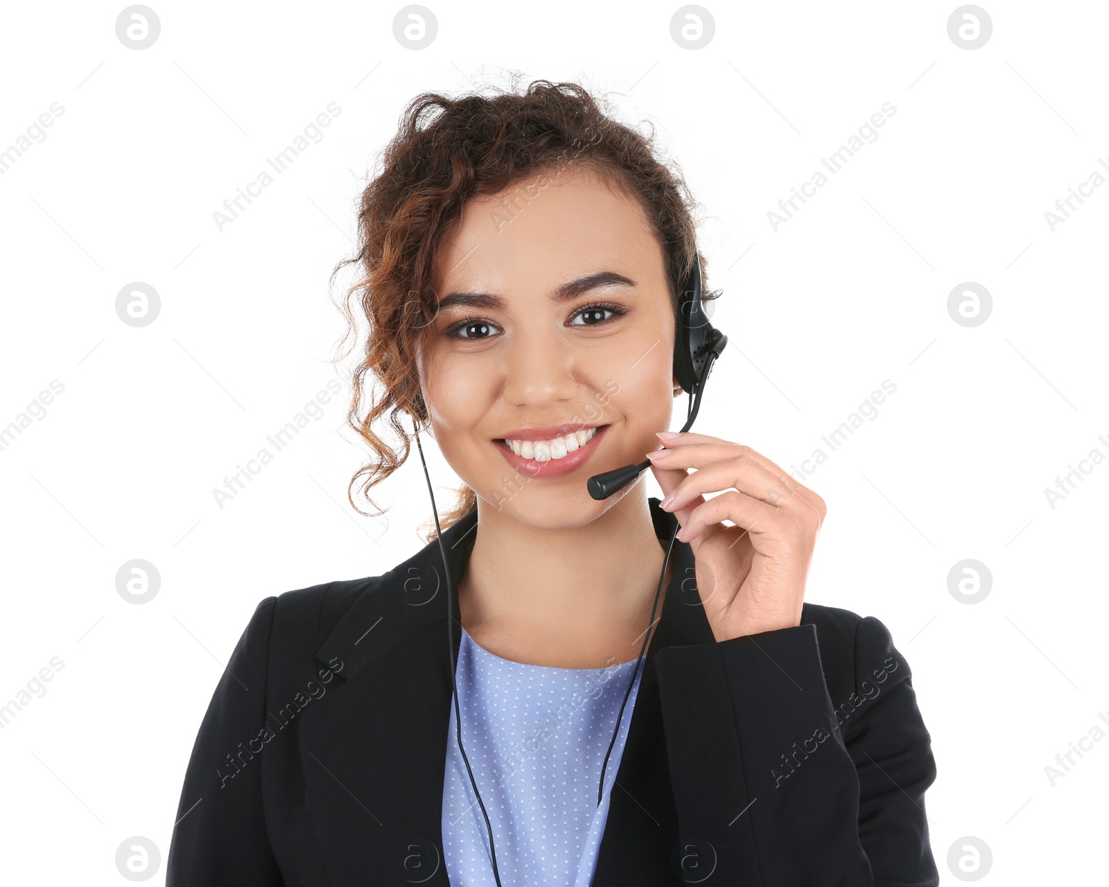 Photo of African-American technical support operator with headset isolated on white