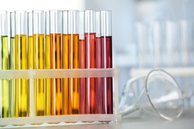 Photo of Test tubes with color liquids on table in laboratory