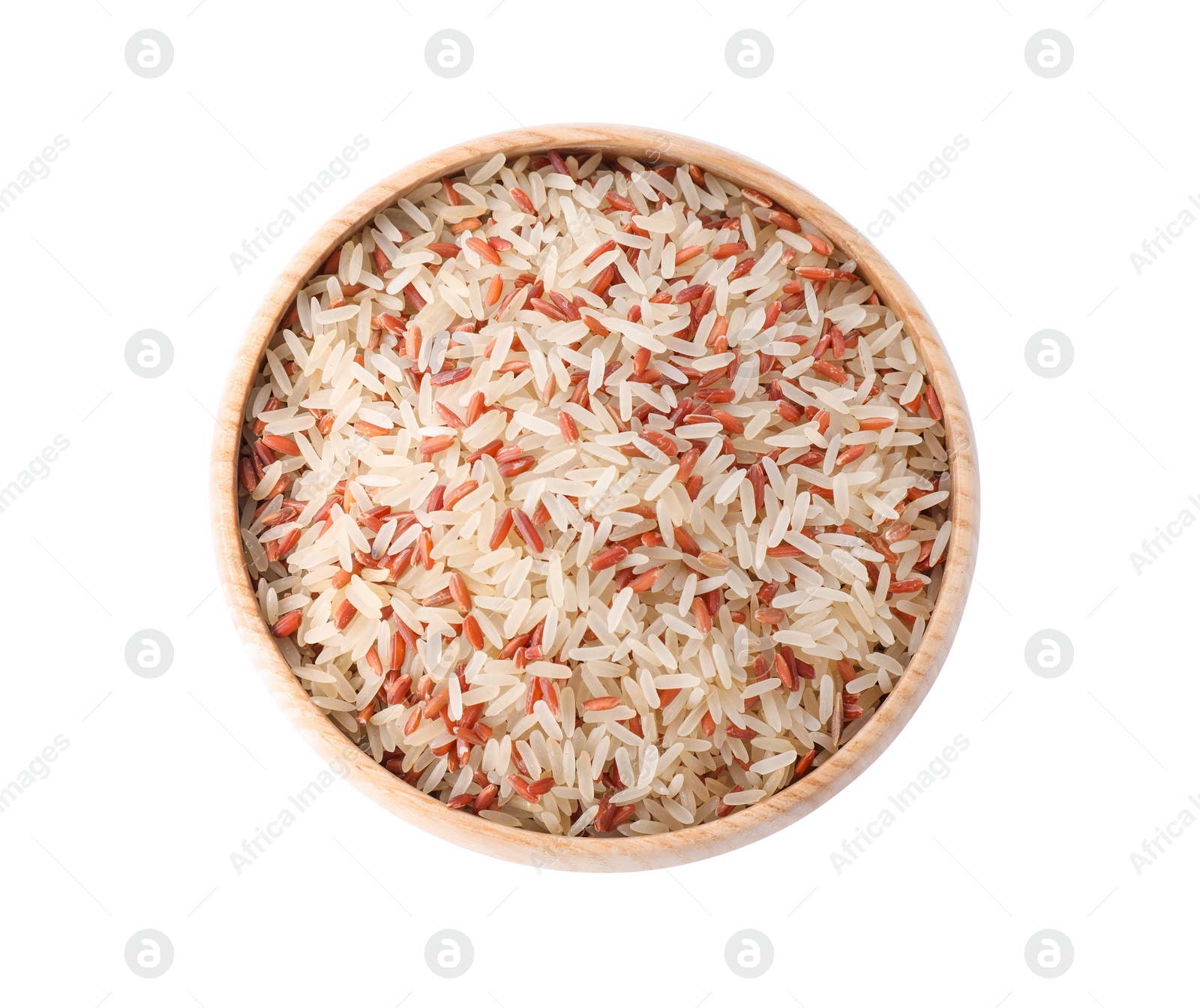 Photo of Mix of brown and polished rice in wooden bowl isolated on white, top view