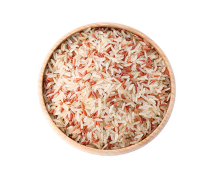 Photo of Mix of brown and polished rice in wooden bowl isolated on white, top view