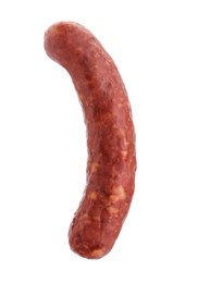 Photo of One fresh raw sausage isolated on white. Meat product