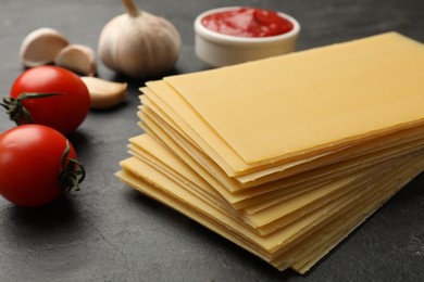 Photo of Cooking lasagna. Pasta sheets, tomato, garlic and ketchup on dark textured table, closeup