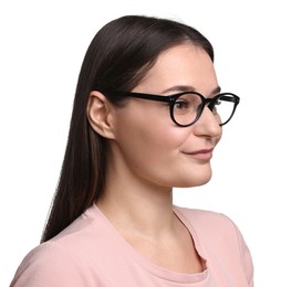 Photo of Beautiful woman with glasses on white background