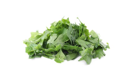 Photo of Heap of chopped parsley leaves isolated on white