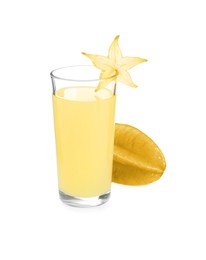 Photo of Delicious carambola juice in glass on white background