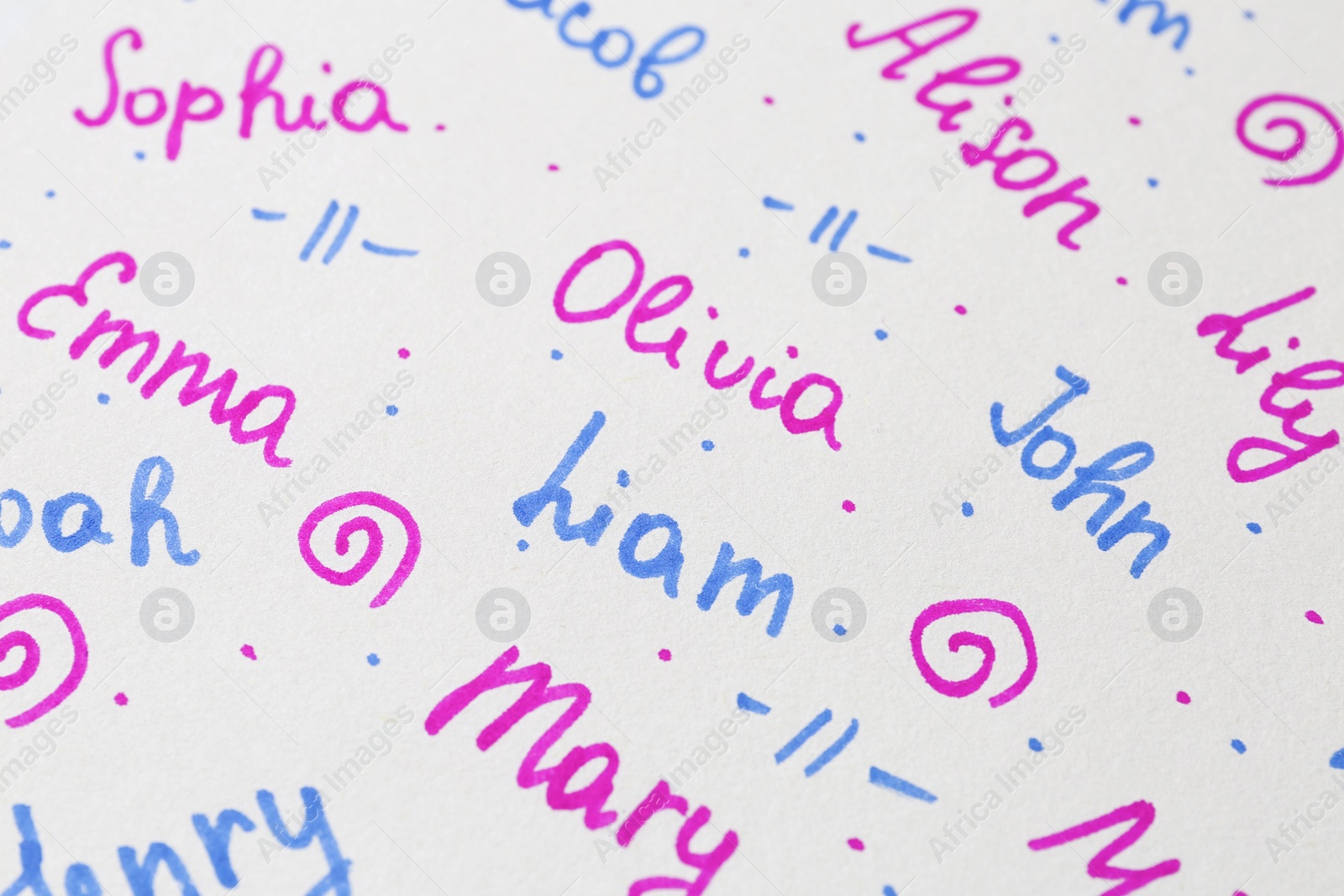 Photo of Different baby names written on paper, above view