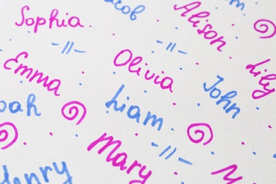 Photo of Different baby names written on paper, above view