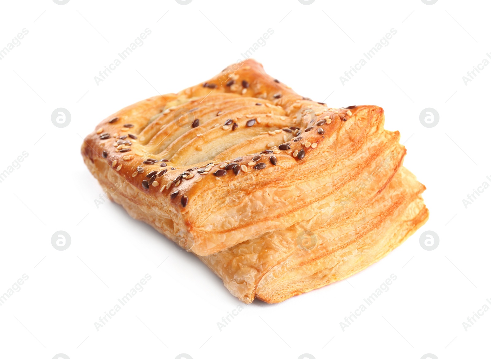 Photo of Fresh tasty puff pastry on white background