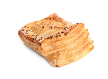 Fresh tasty puff pastry on white background