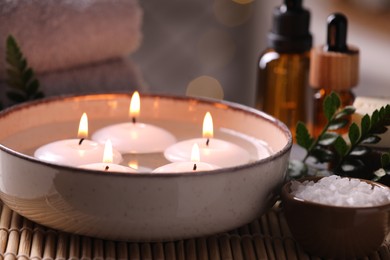 Photo of Beautiful composition with different spa products on table, closeup