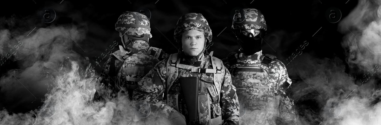 Image of Armed soldiers in smoke on black background, black and white. Banner design