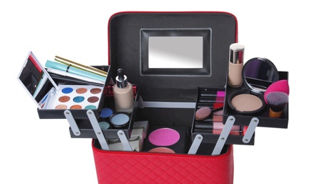 Photo of Stylish case with makeup products and beauty accessories on white background