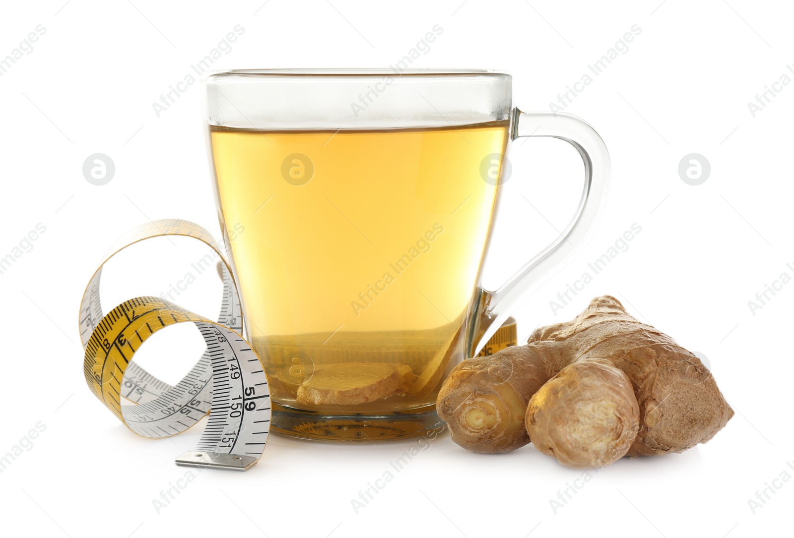 Photo of Diet herbal tea, ginger and measuring tape on white background