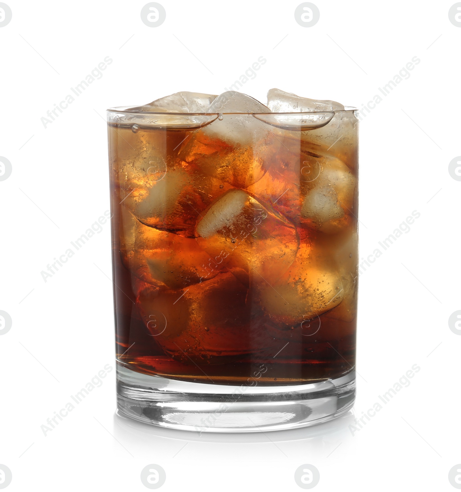 Photo of Tasty drink with ice cubes isolated on white