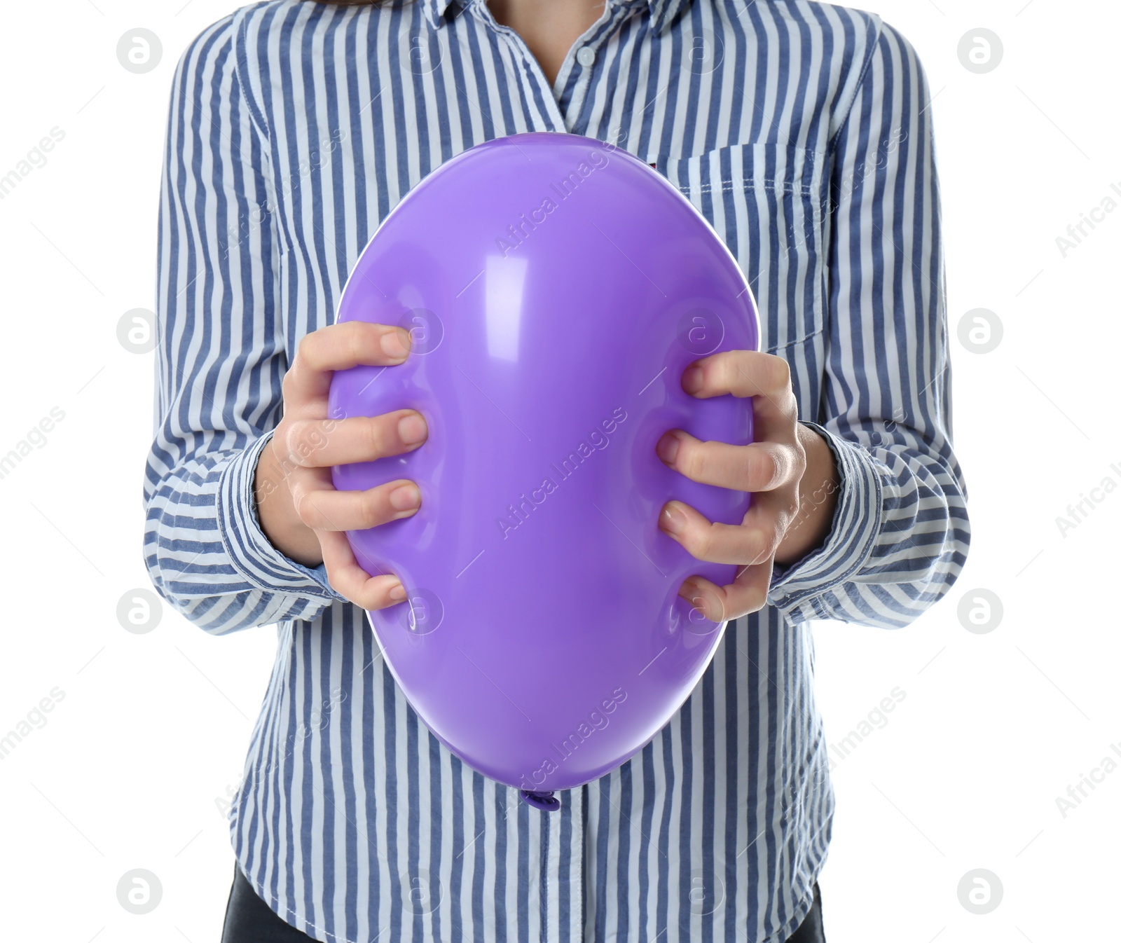 Photo of Woman squeezing purple balloon on white background, closeup