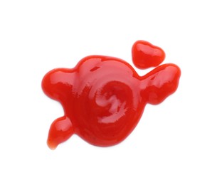 Photo of Tasty ketchup isolated on white, top view