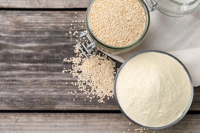 Photo of Bowl with quinoa flour and seeds in jar, flat lay. Space for text