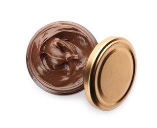 Glass jar of chocolate paste on white background, top view