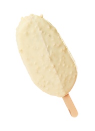 Photo of Woman holding delicious ice cream on white background