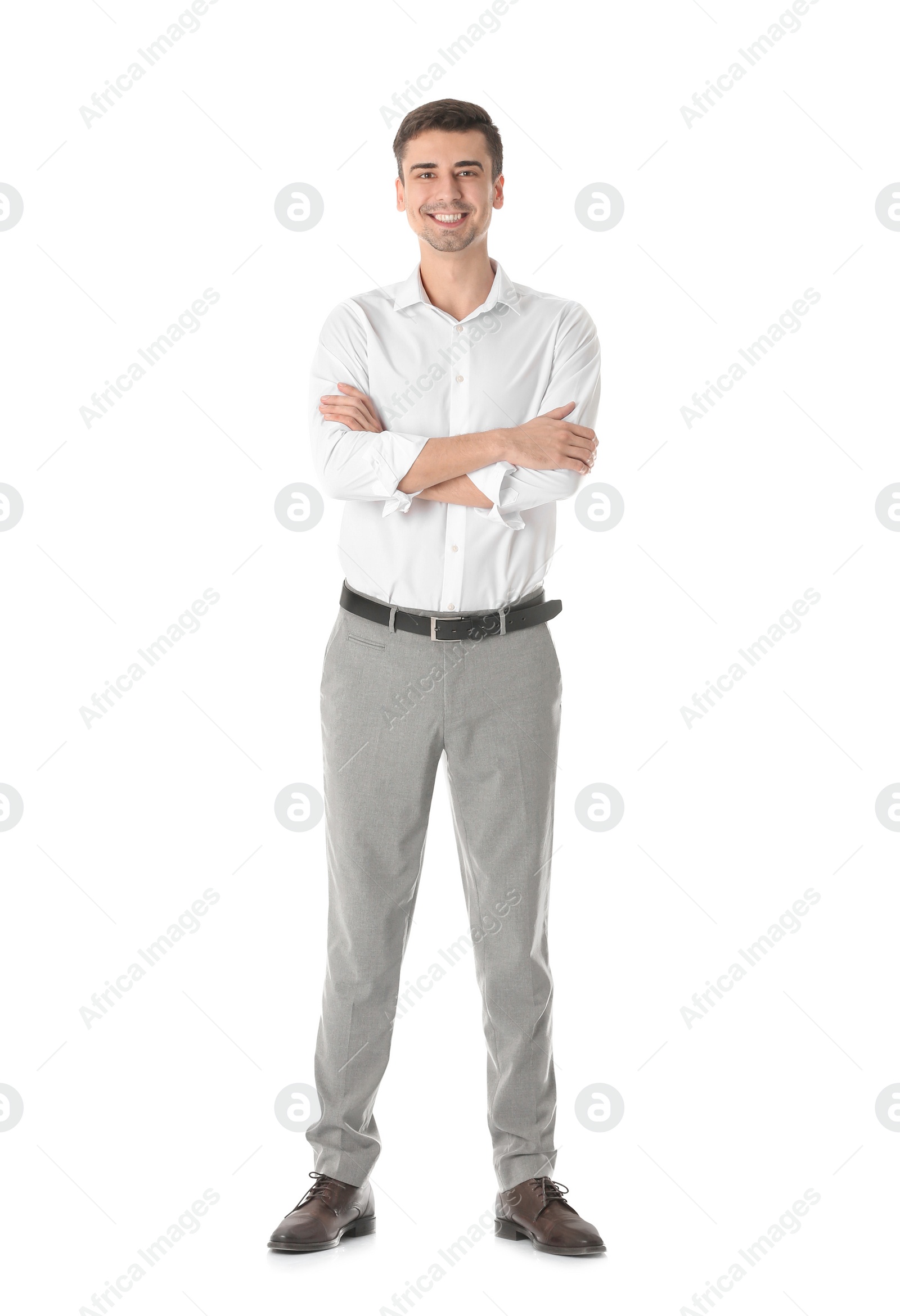 Photo of Successful business trainer with crossed arms on white background