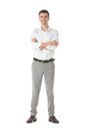 Photo of Successful business trainer with crossed arms on white background