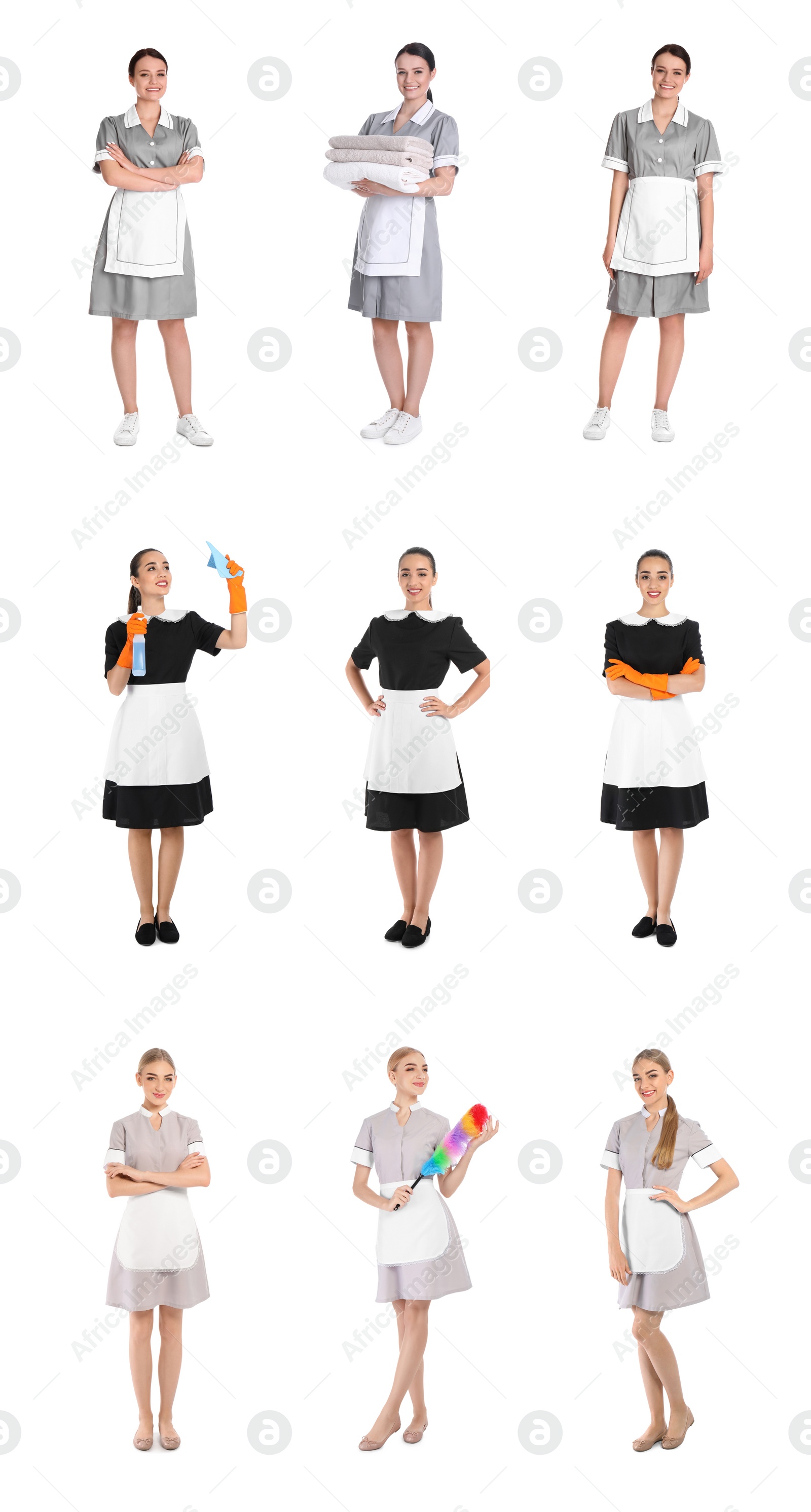 Image of Collage with chambermaids in uniforms on white background