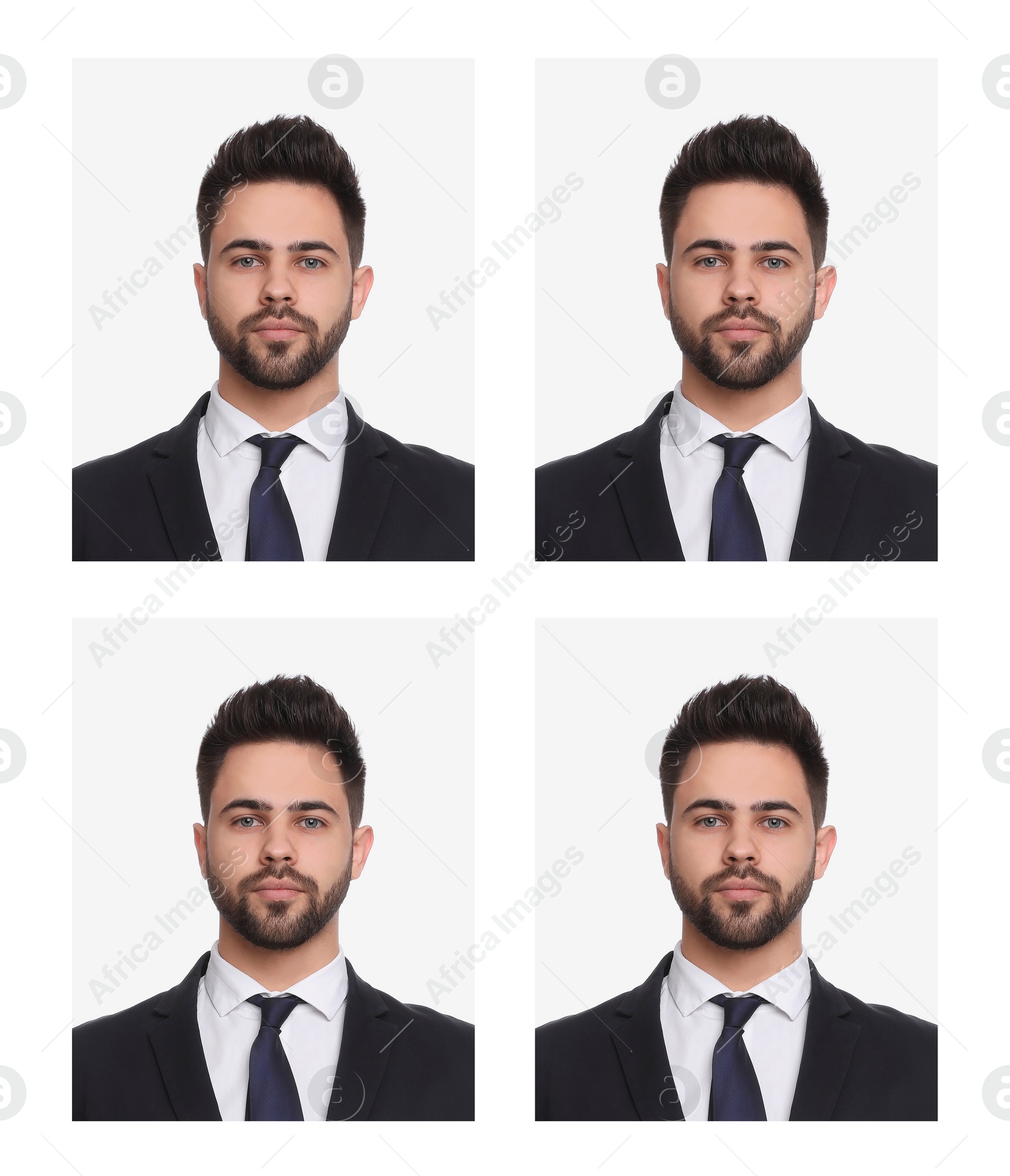 Image of Passport photo, collage. Man on white background, set of photos