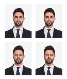 Passport photo, collage. Man on white background, set of photos