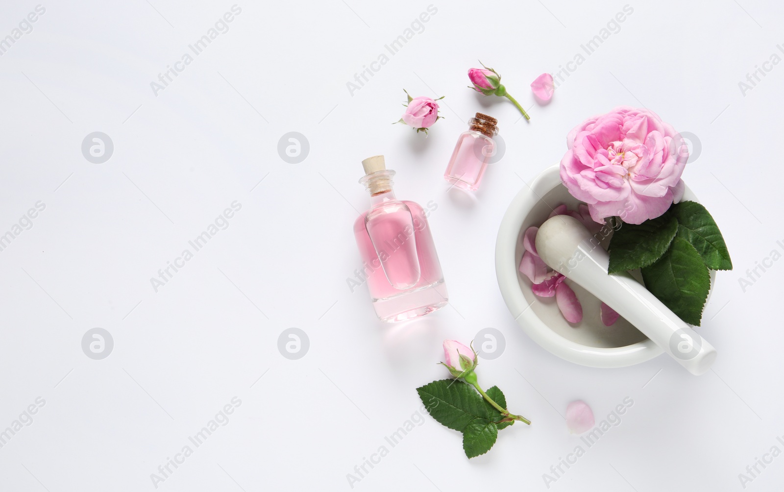 Photo of Composition with rose essential oil and flowers on white background, top view