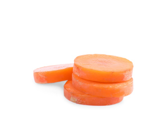 Photo of Slices of fresh ripe carrot isolated on white
