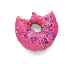 Tasty bitten glazed donut decorated with sprinkles isolated on white, top view