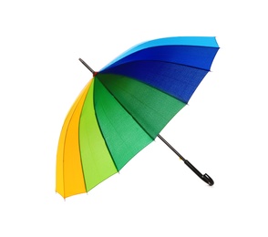 Open rainbow color umbrella on white background