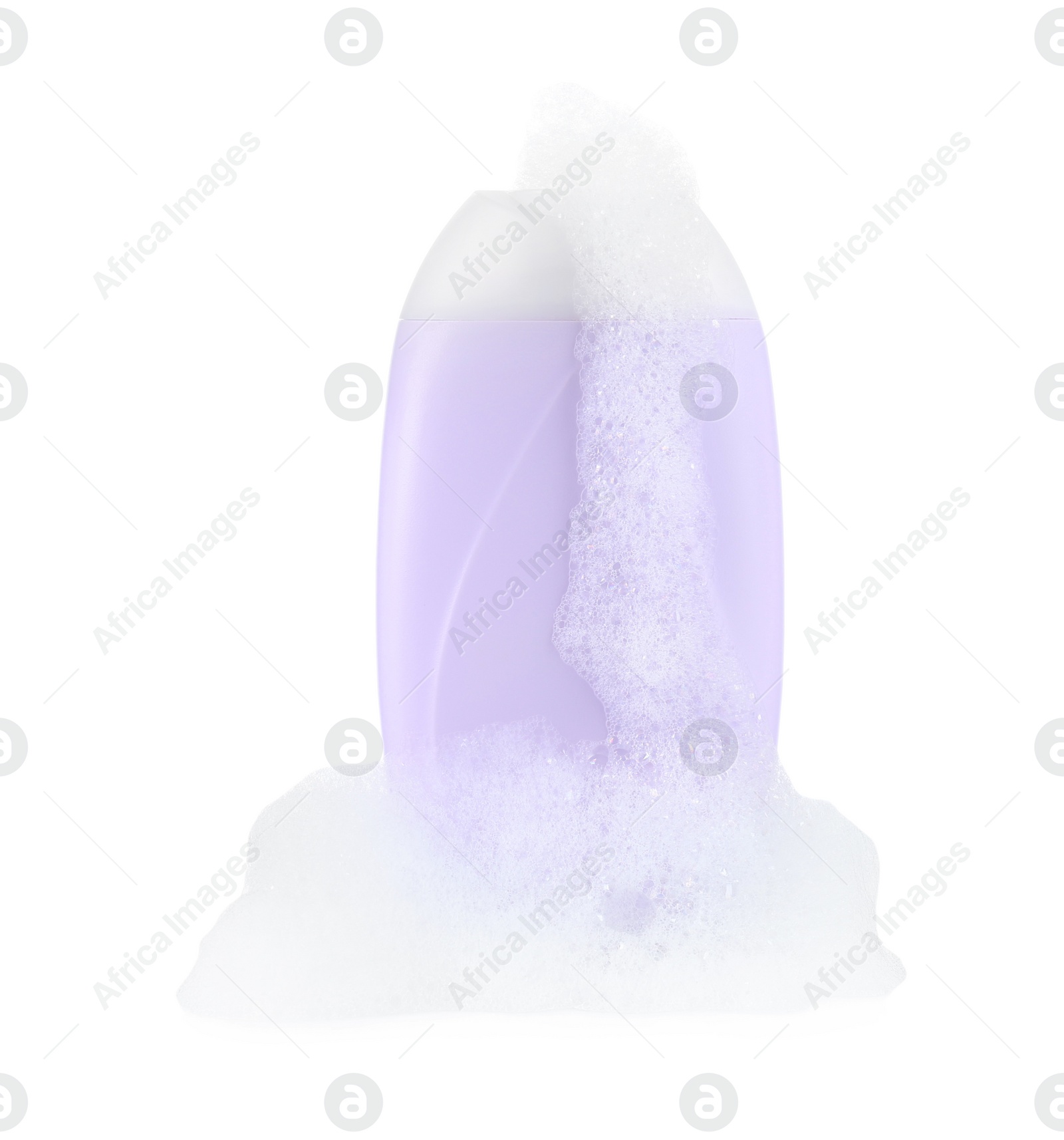 Photo of Bottle of bubble bath with foam isolated on white