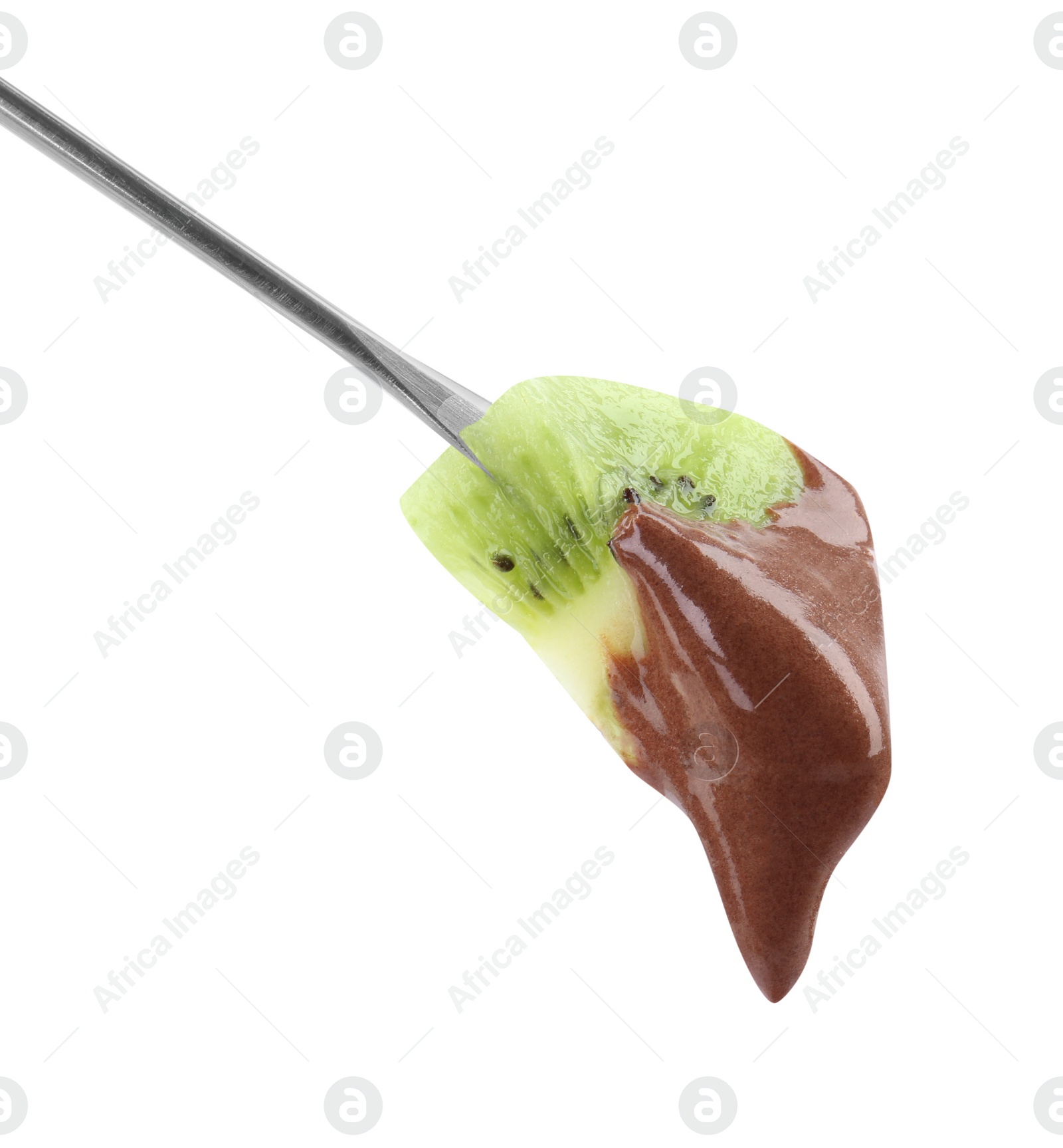 Photo of Kiwi with melted chocolate isolated on fondue fork against white background