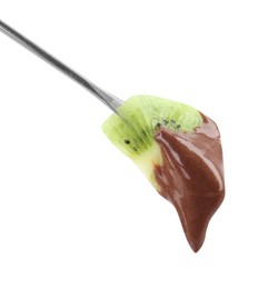 Kiwi with melted chocolate isolated on fondue fork against white background