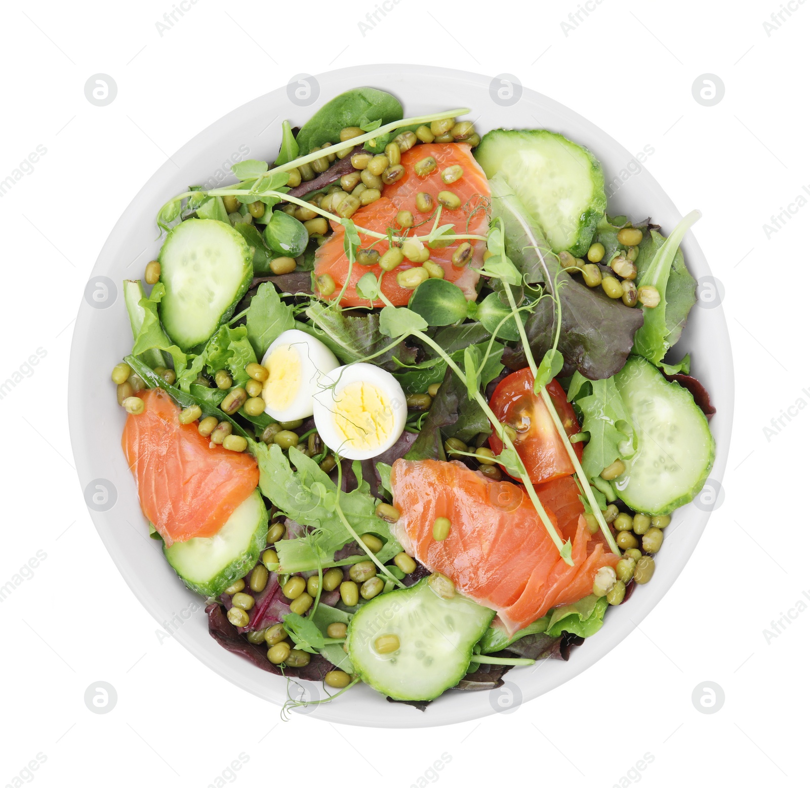 Photo of Bowl of salad with mung beans isolated on white, top view