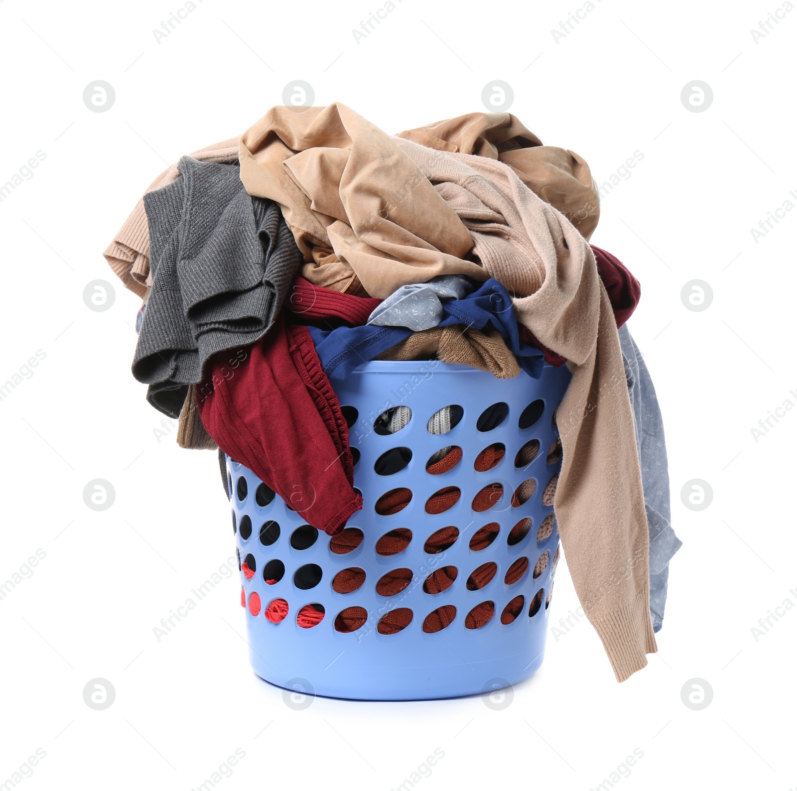 Photo of Plastic laundry basket full of clothes isolated on white