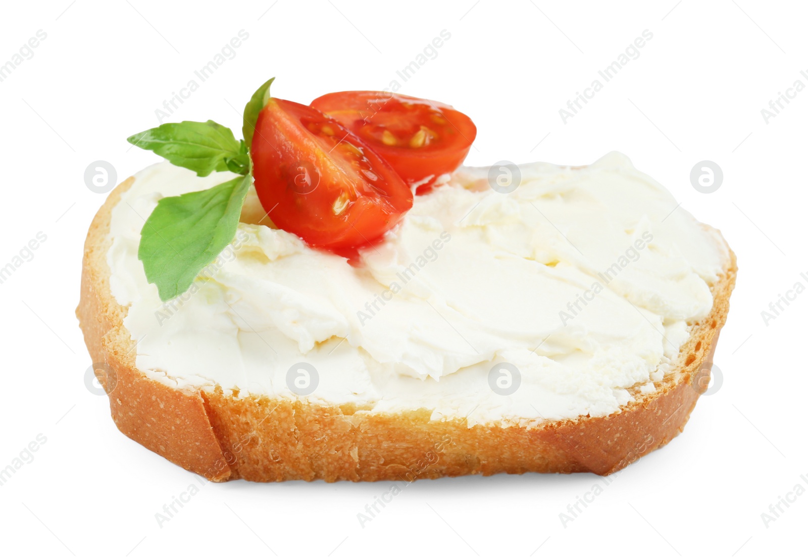 Photo of Bread with cream cheese, tomato and basil leaves isolated on white