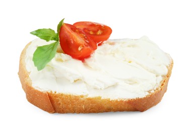 Bread with cream cheese, tomato and basil leaves isolated on white