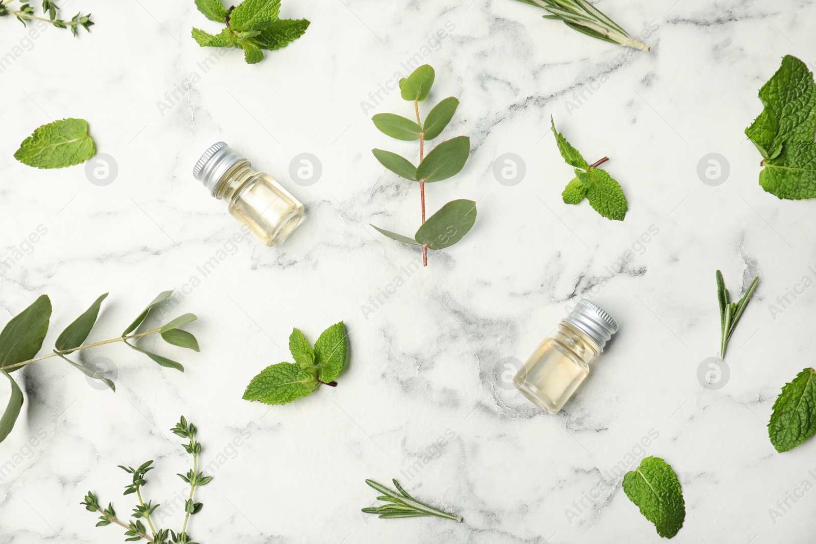 Photo of Flat lay composition with essential oil in bottles and different herbs on marble background