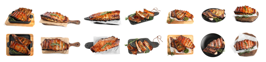 Image of Set of delicious roasted ribs on white background. Banner design 