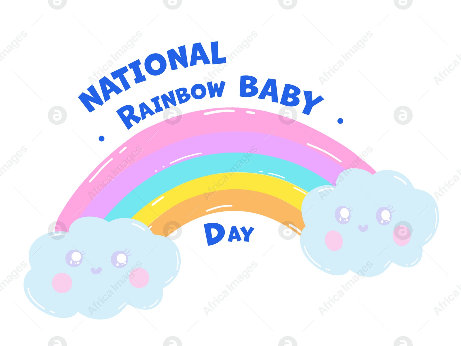 Illustration of National Rainbow Baby Day card.  rainbow with cute clouds on white background