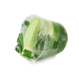 Photo of Lime and mint ice cube on white background